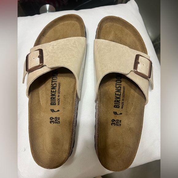 Birkenstock Shoes - Birkenstock Tan Slide Sandals with Buckle